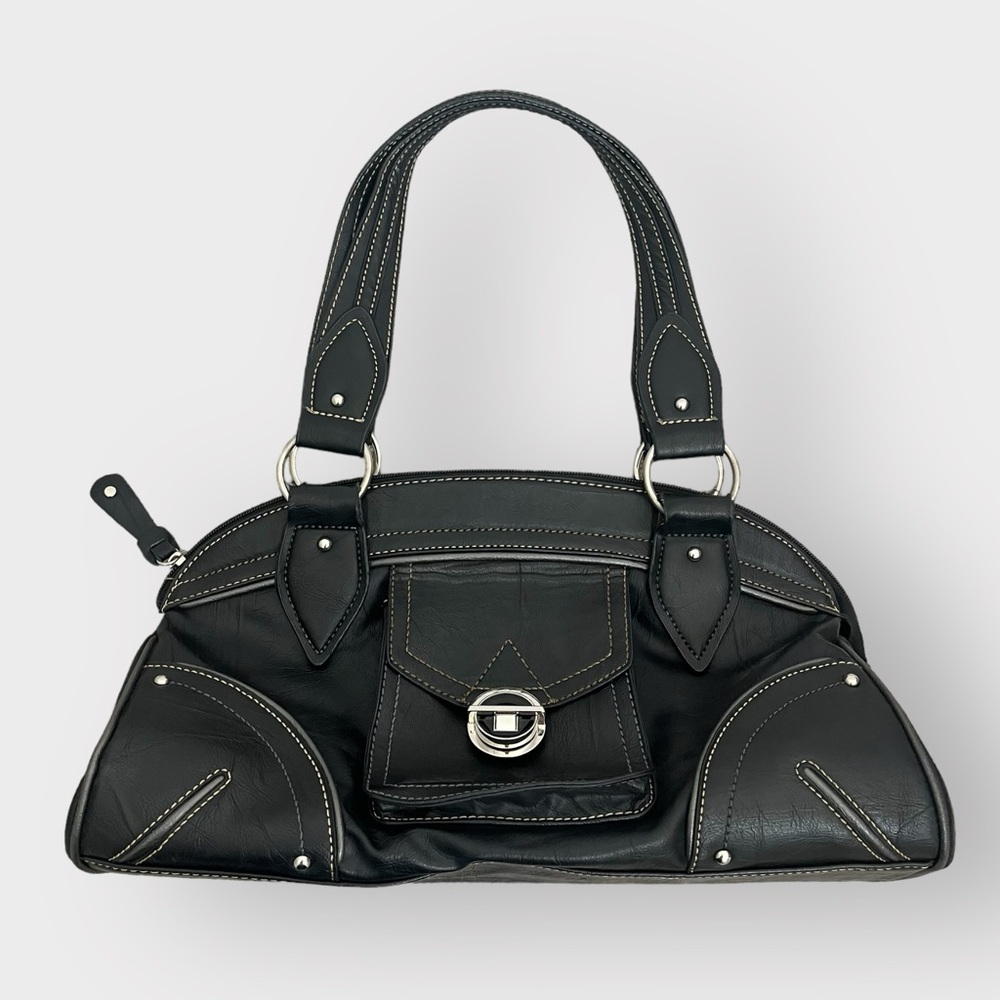 Vintage Y2K Black Buckle Bowler Handle Leatherette Bag